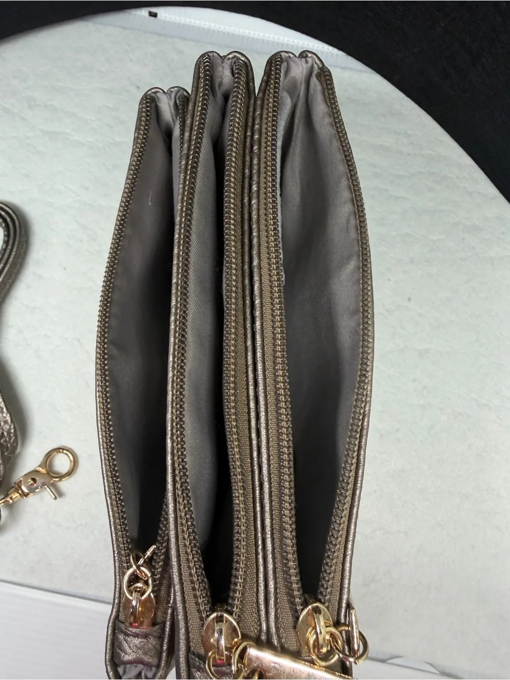 Michael Kors Fulton Triple Zip Leather Wristlet Crossbody Bag – Pewter Metallic